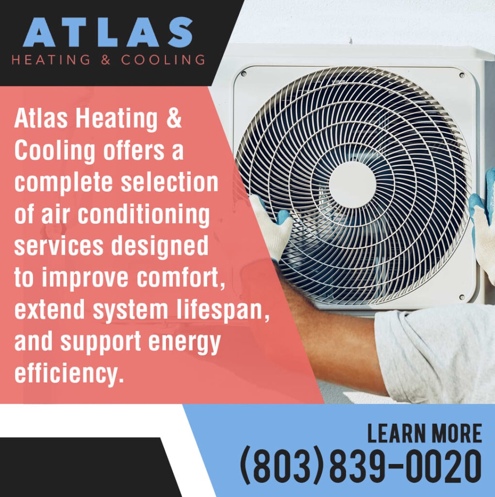 A technician from Atlas Heating & Cooling performing an air conditioning service to improve comfort and energy efficiency