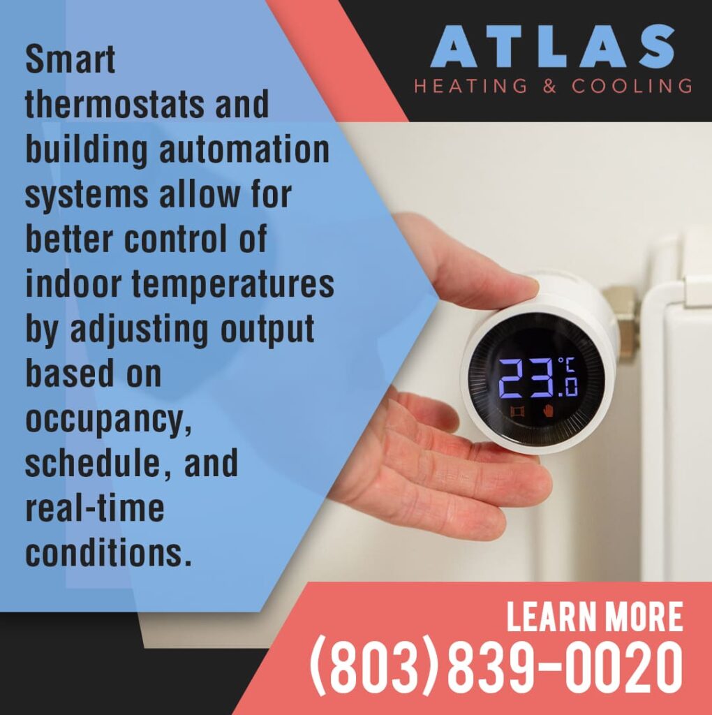 A hand adjusting a smart thermostat, illustrating Atlas Heating & Cooling's building automation services in Rock Hill, SC