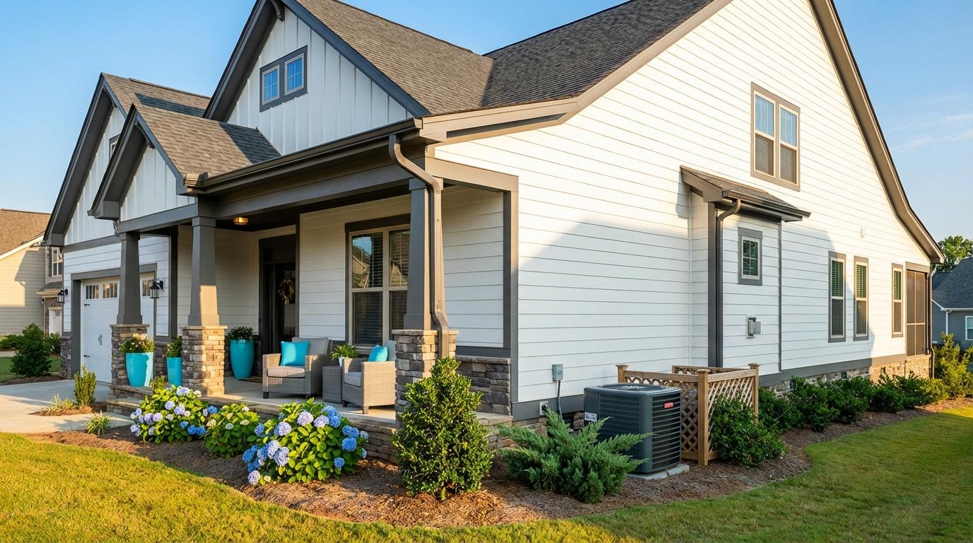 A well-maintained home in Rock Hill, SC, under a clear blue sky, symbolizing comfort and reliability, with a subtle hint of an HVAC unit. The image uses Atlas Heating & Cooling's branding colors and style.