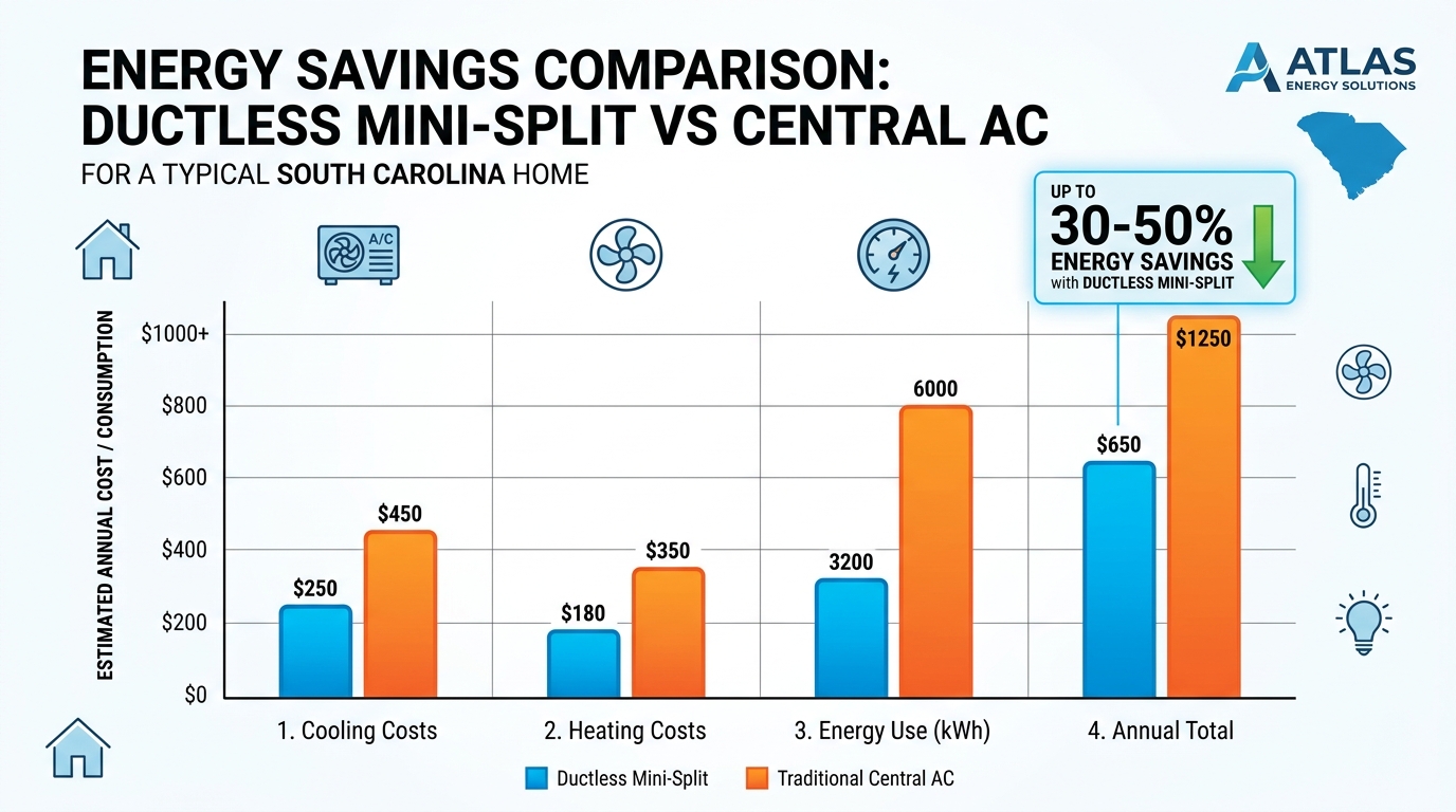 Energy savings chart comparing ductless mini-splits vs central AC