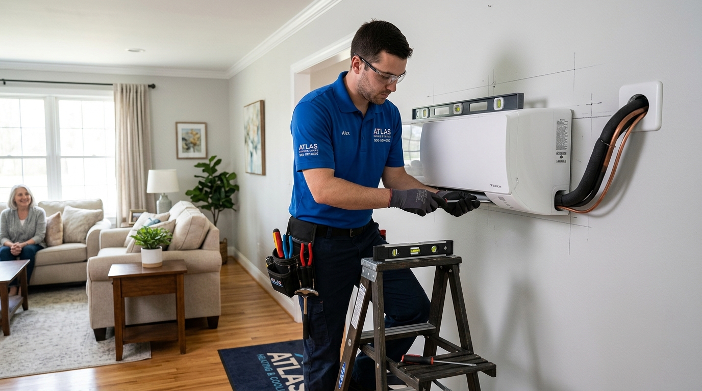 Atlas technician installing a ductless mini-split indoor wall unit