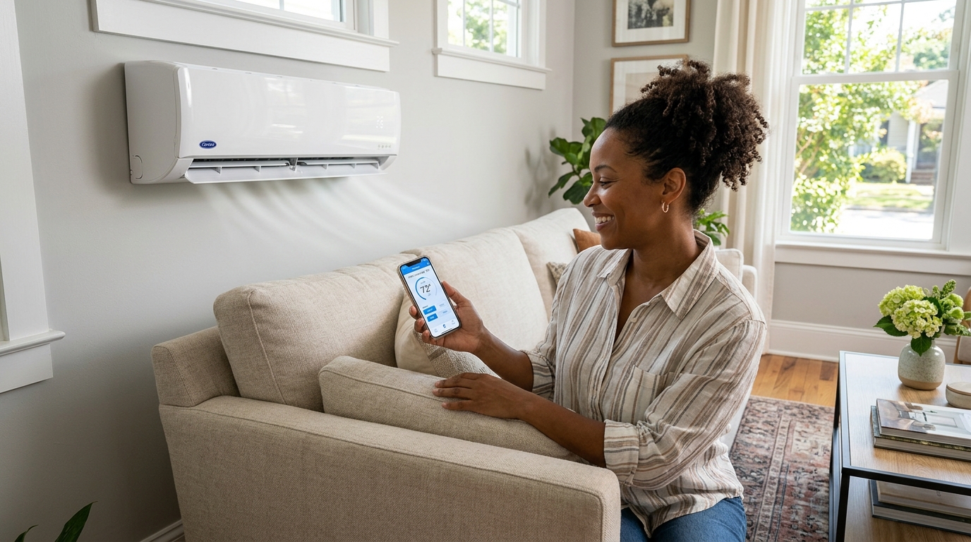 Homeowner using smartphone to control ductless mini-split system