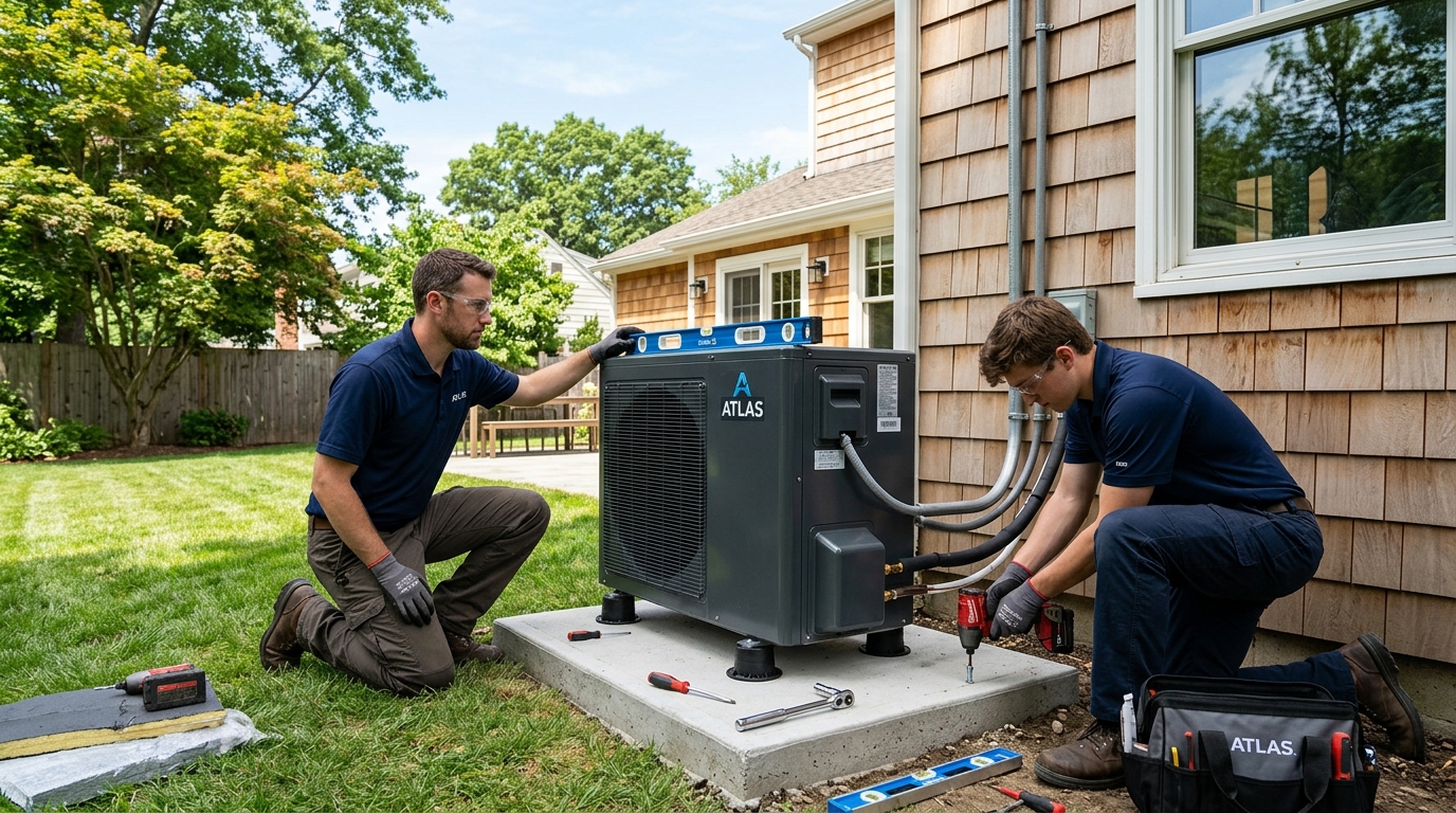 Two Atlas Heating & Cooling technicians installing an outdoor heat pump unit on a concrete pad beside a home