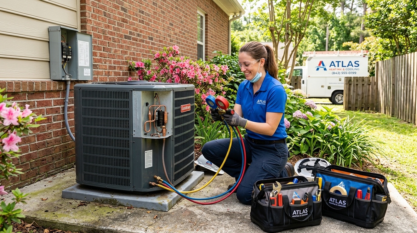 Atlas Heating & Cooling technician installing a residential heat pump
