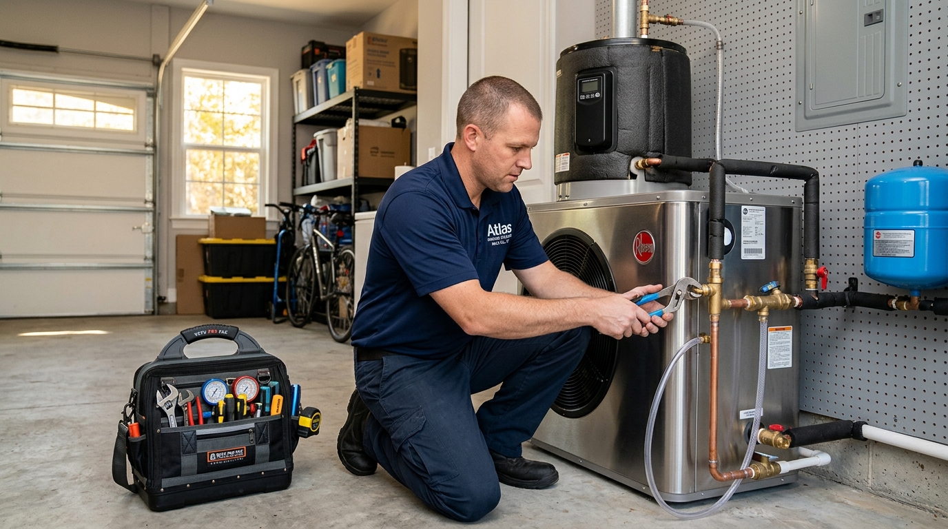 Atlas technician checking a hybrid heat pump water heater in a Rock Hill garage