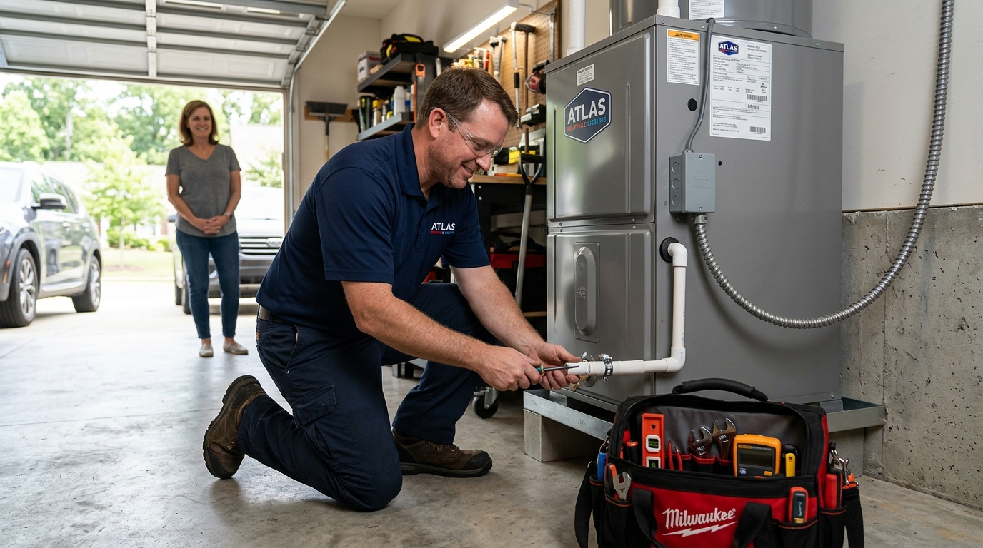 Atlas technician installing a hybrid heat pump water heater in a Rock Hill home