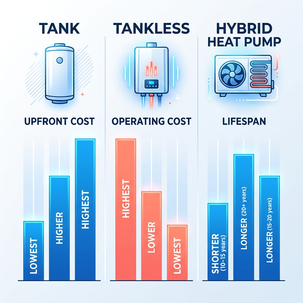 Comparison chart for tank, tankless, and hybrid water heater options