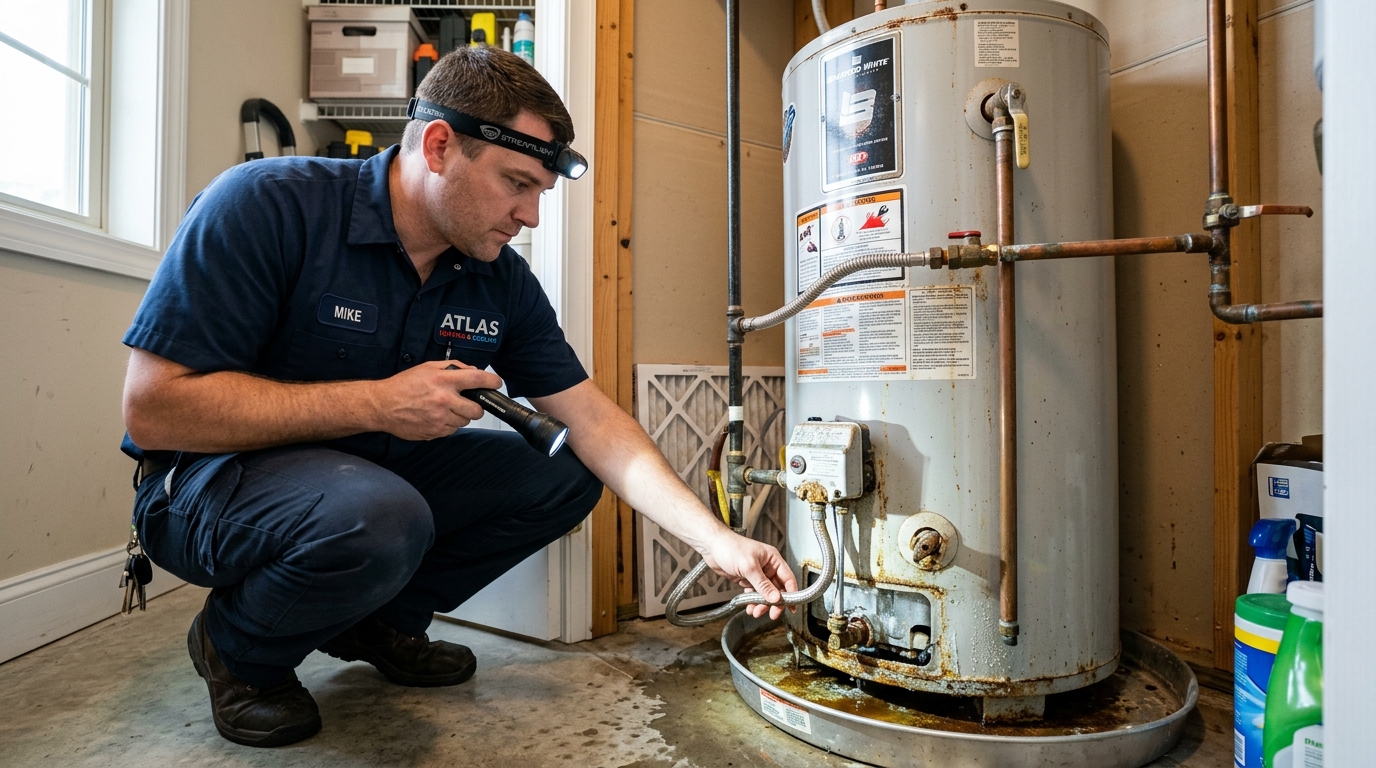 Atlas technician inspecting an older water heater for leak and corrosion warning signs