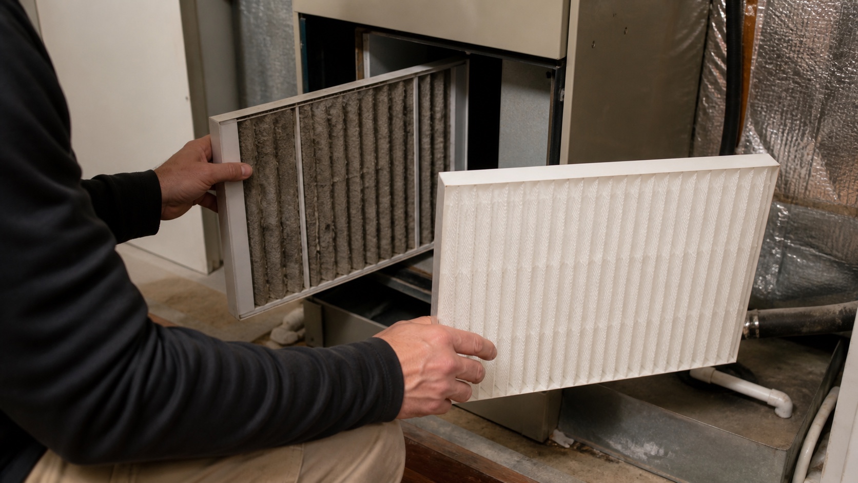 Technician comparing a dirty HVAC filter with a clean replacement at the air handler.