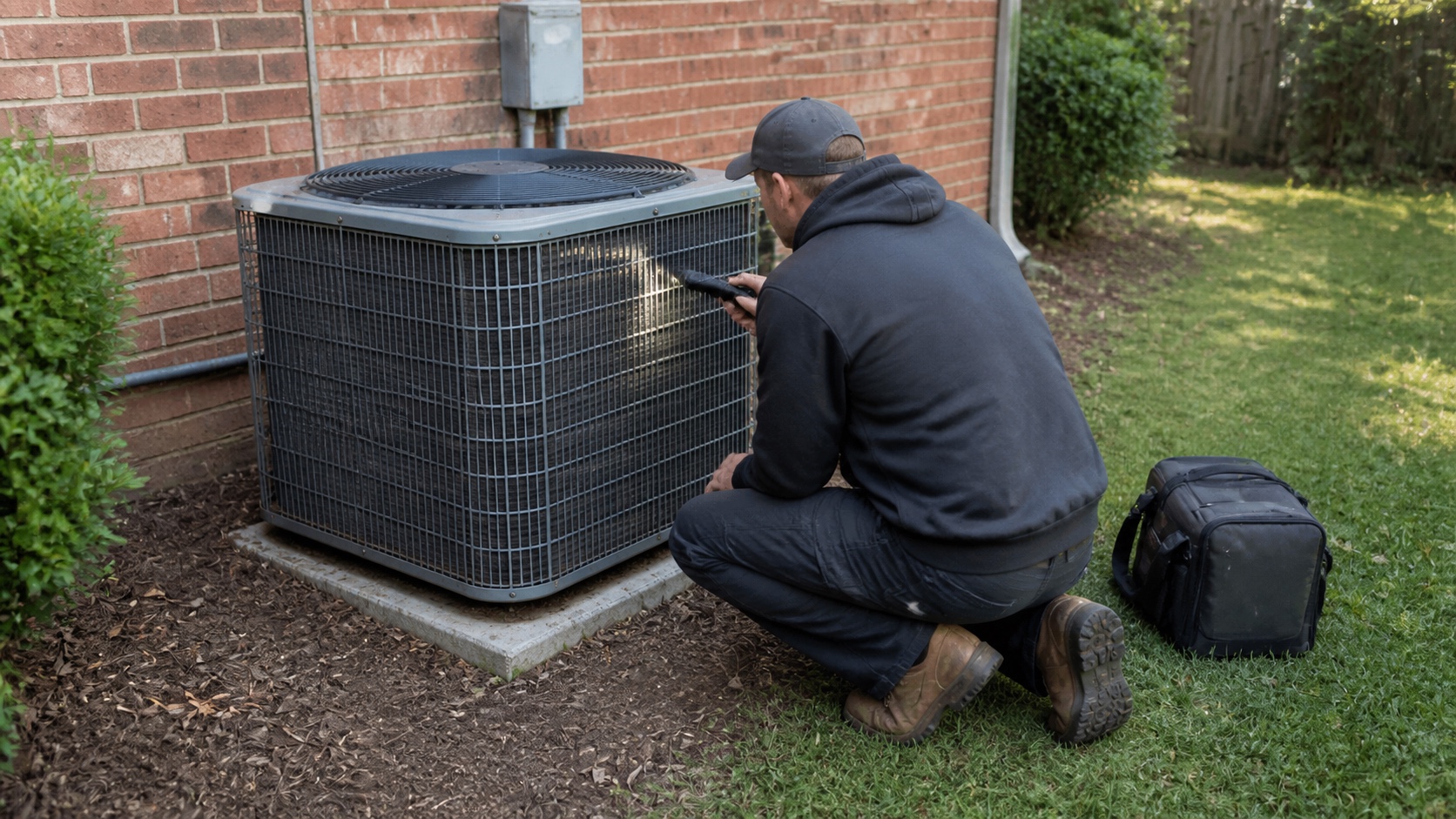 Technician inspecting an outdoor AC condenser beside a brick South Carolina home.