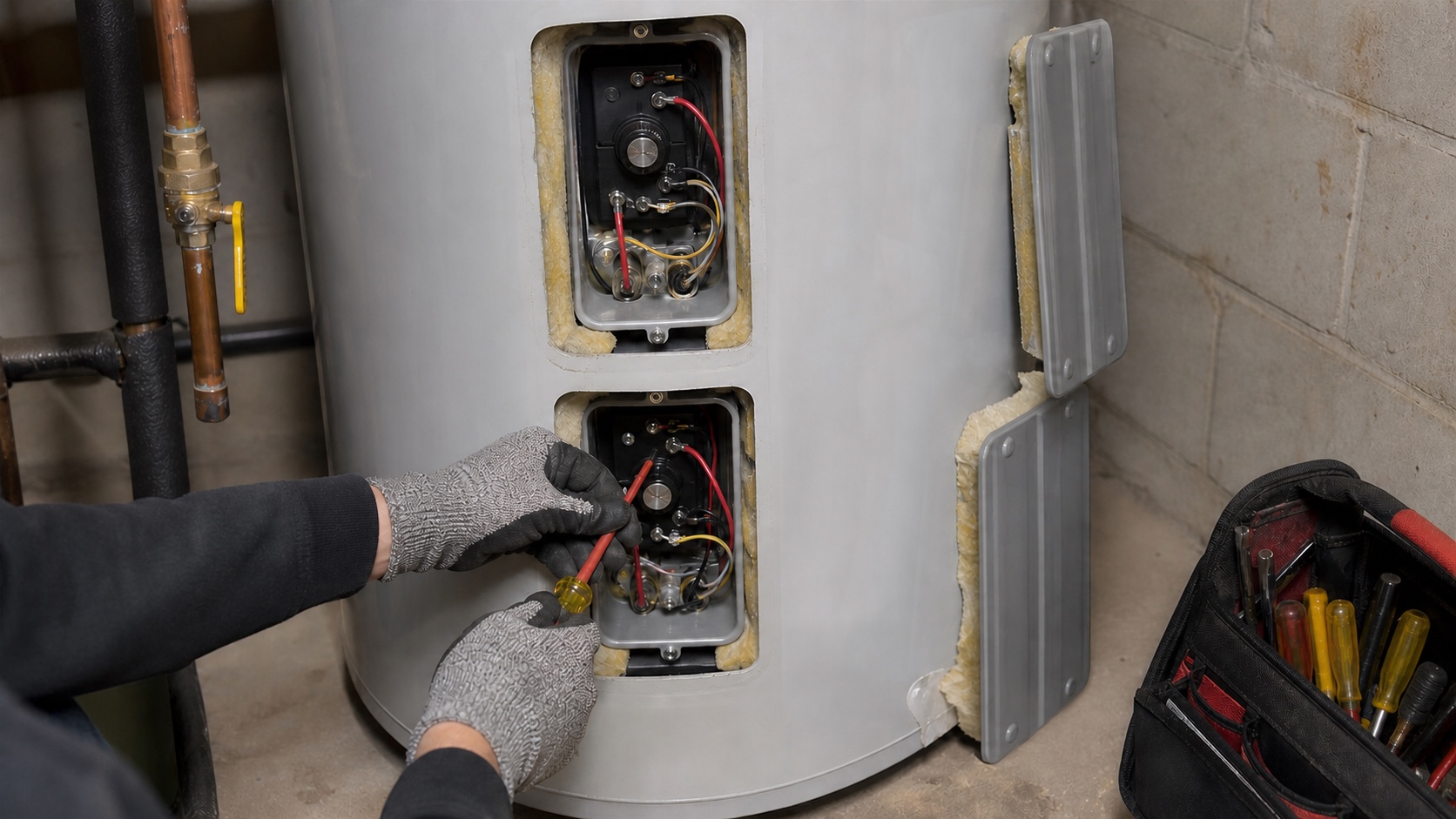 Gloved technician adjusting electric water heater thermostats behind open access panels.