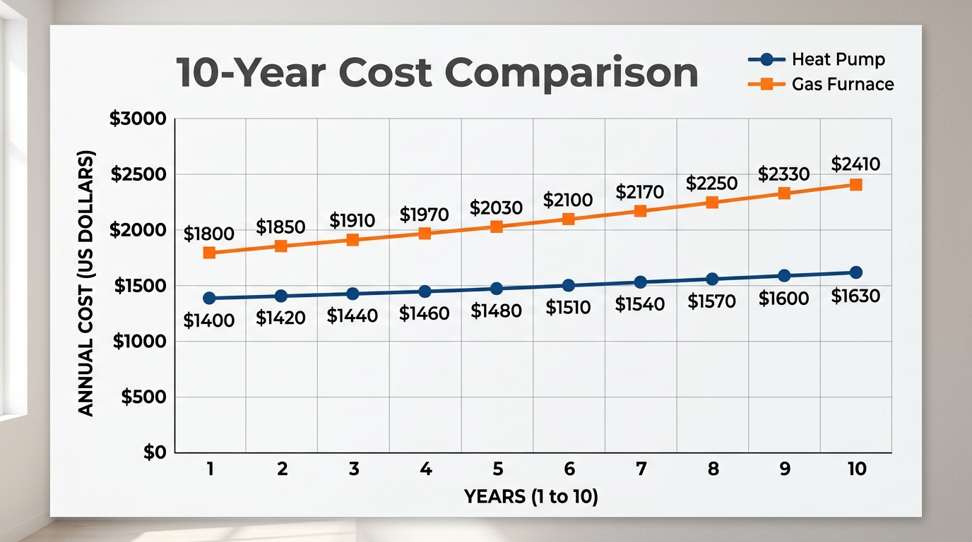 Line graph showing 10‑year cumulative cost of a heat pump vs. a gas furnace