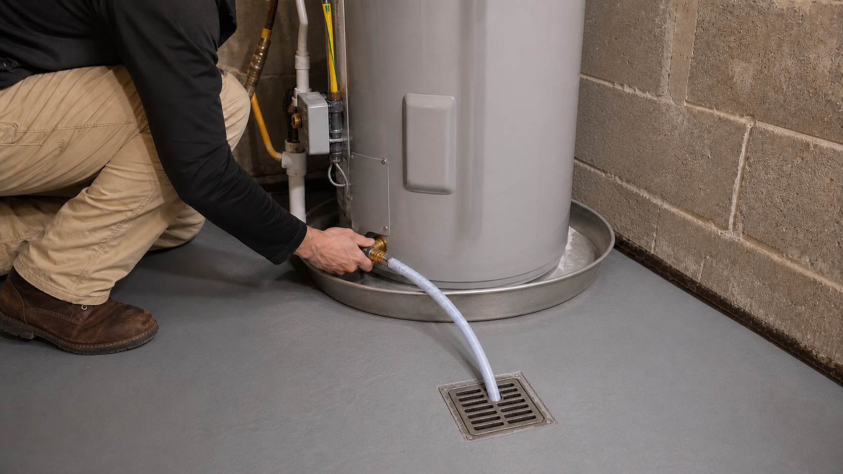 Technician flushing a tank water heater through a hose into a floor drain.