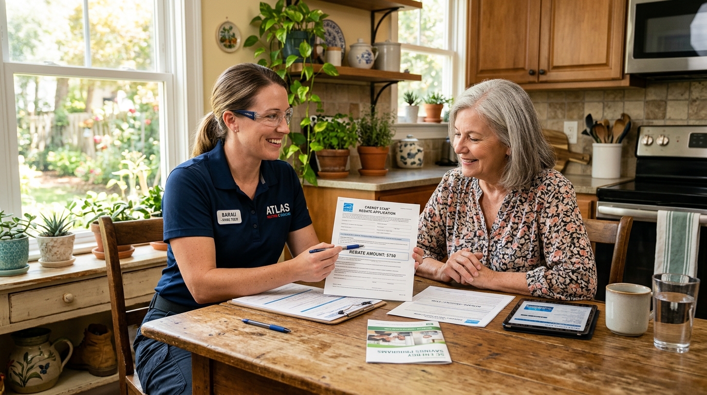 Atlas technician explaining rebate paperwork to homeowner