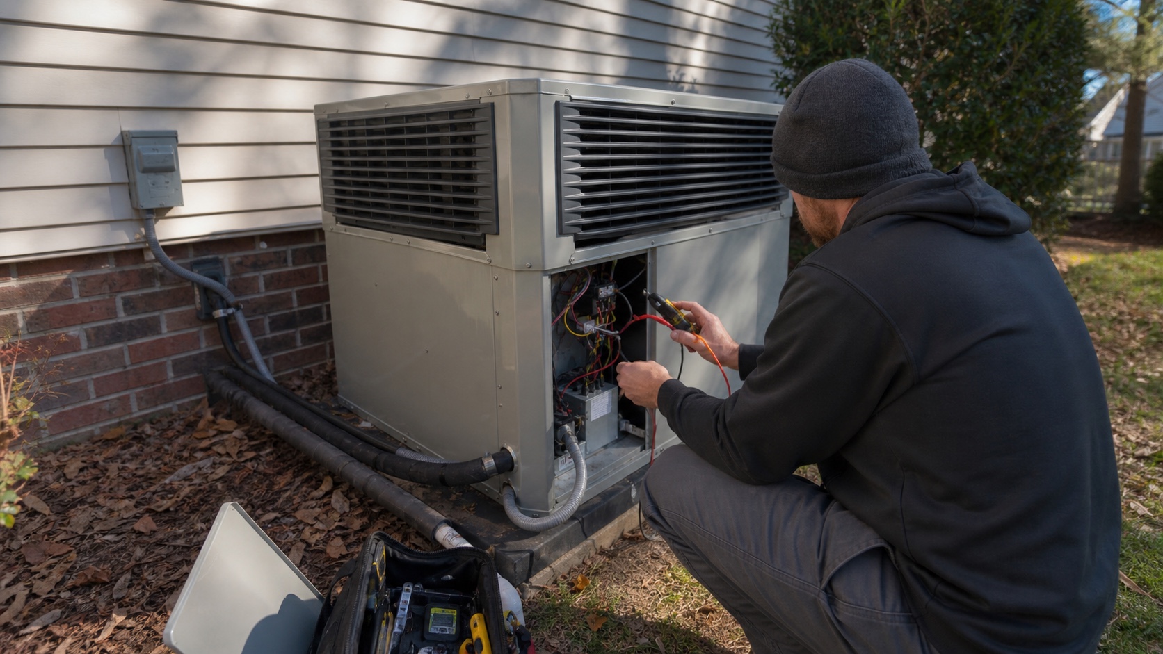 Technician checking the service panel on a residential outdoor heat pump.