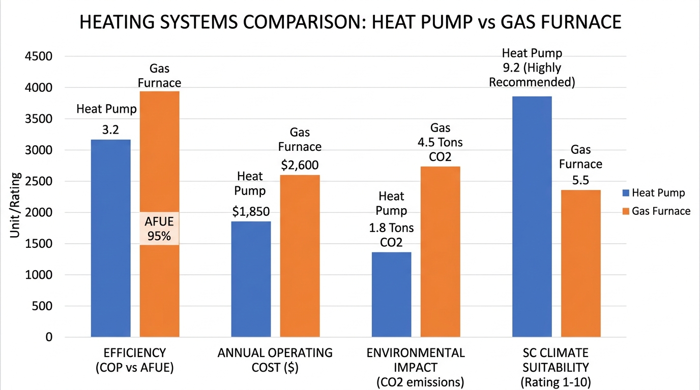 Bar chart comparing heat pump and gas furnace efficiency, cost, versatility, and SC climate suitability