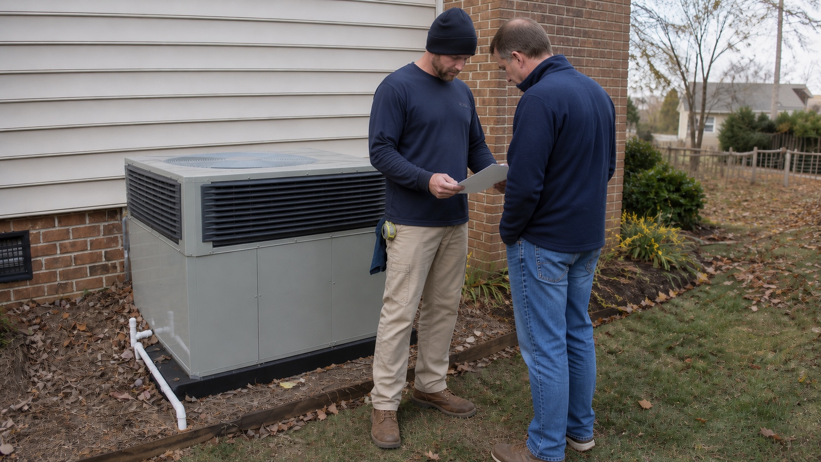 Technician and homeowner reviewing an HVAC estimate beside a new outdoor condenser.