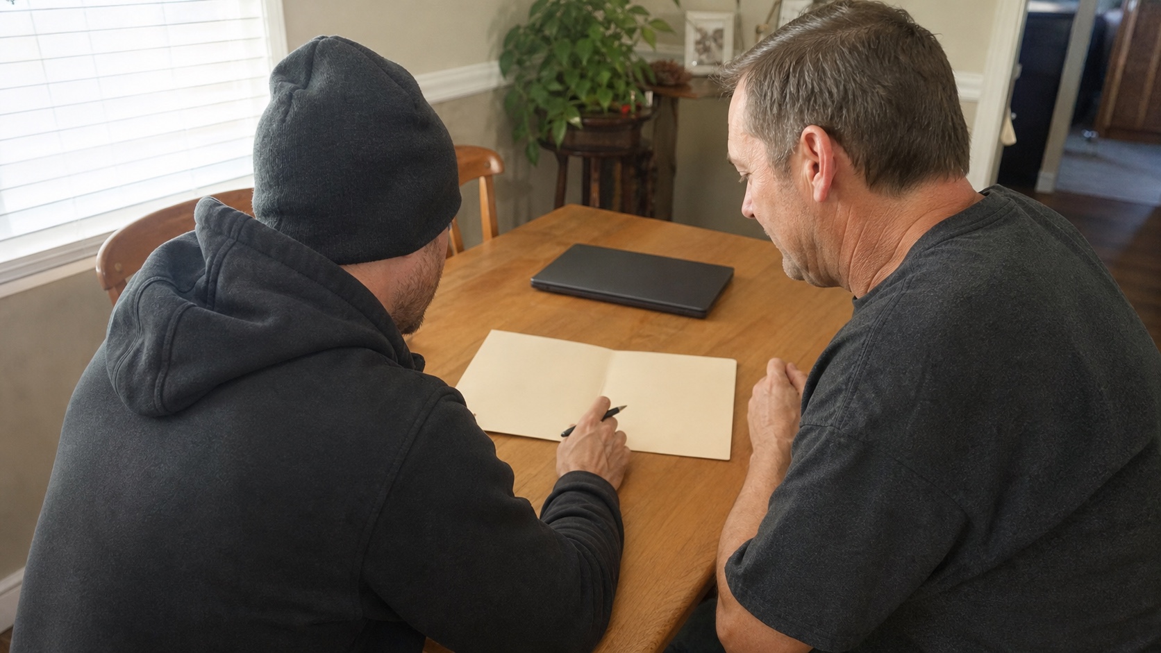 Technician and homeowner reviewing a blank HVAC estimate at a kitchen table.
