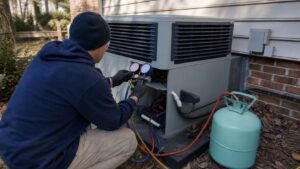 Technician using manifold gauges on an outdoor condenser beside a plain refrigerant cylinder.