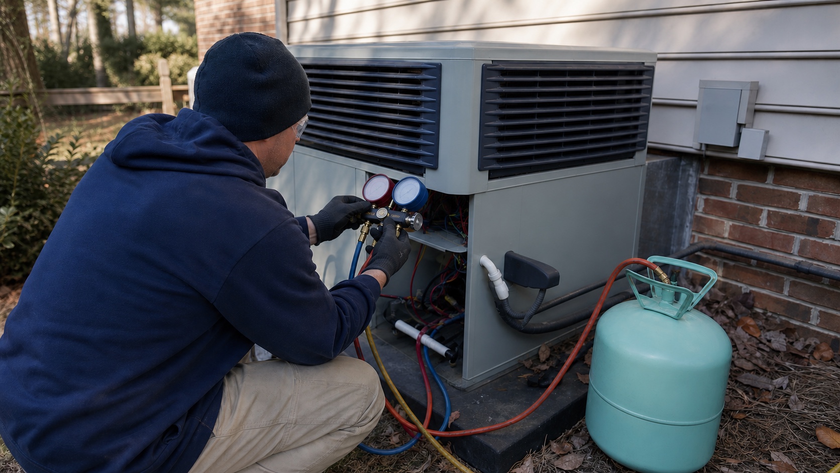 Technician using manifold gauges on an outdoor condenser beside a plain refrigerant cylinder.