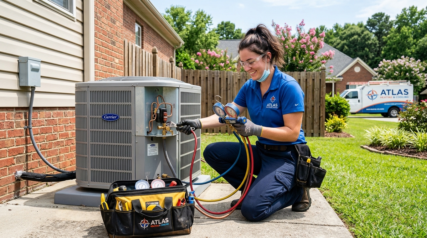 Atlas technician servicing a heat pump unit in a South Carolina backyard