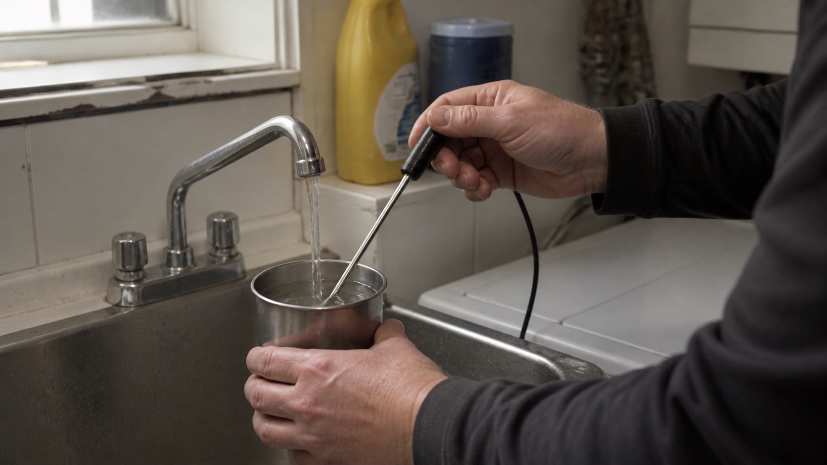 Hands measuring hot water at a utility sink with a probe thermometer.