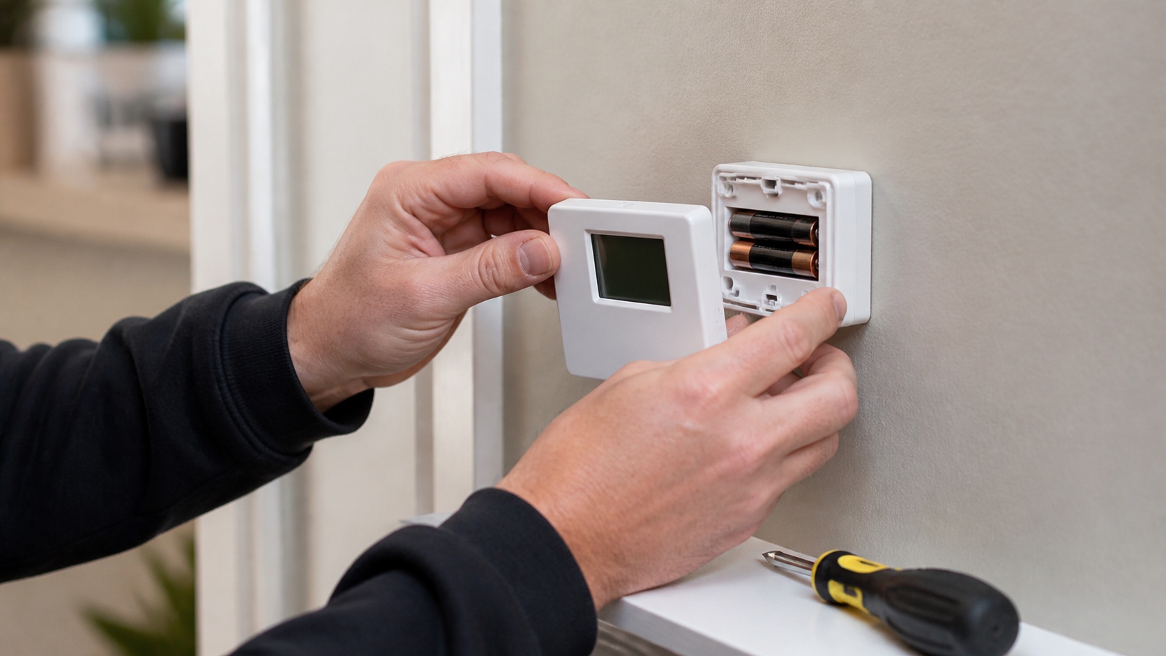 Technician opening a blank-screen wall thermostat to check the batteries.