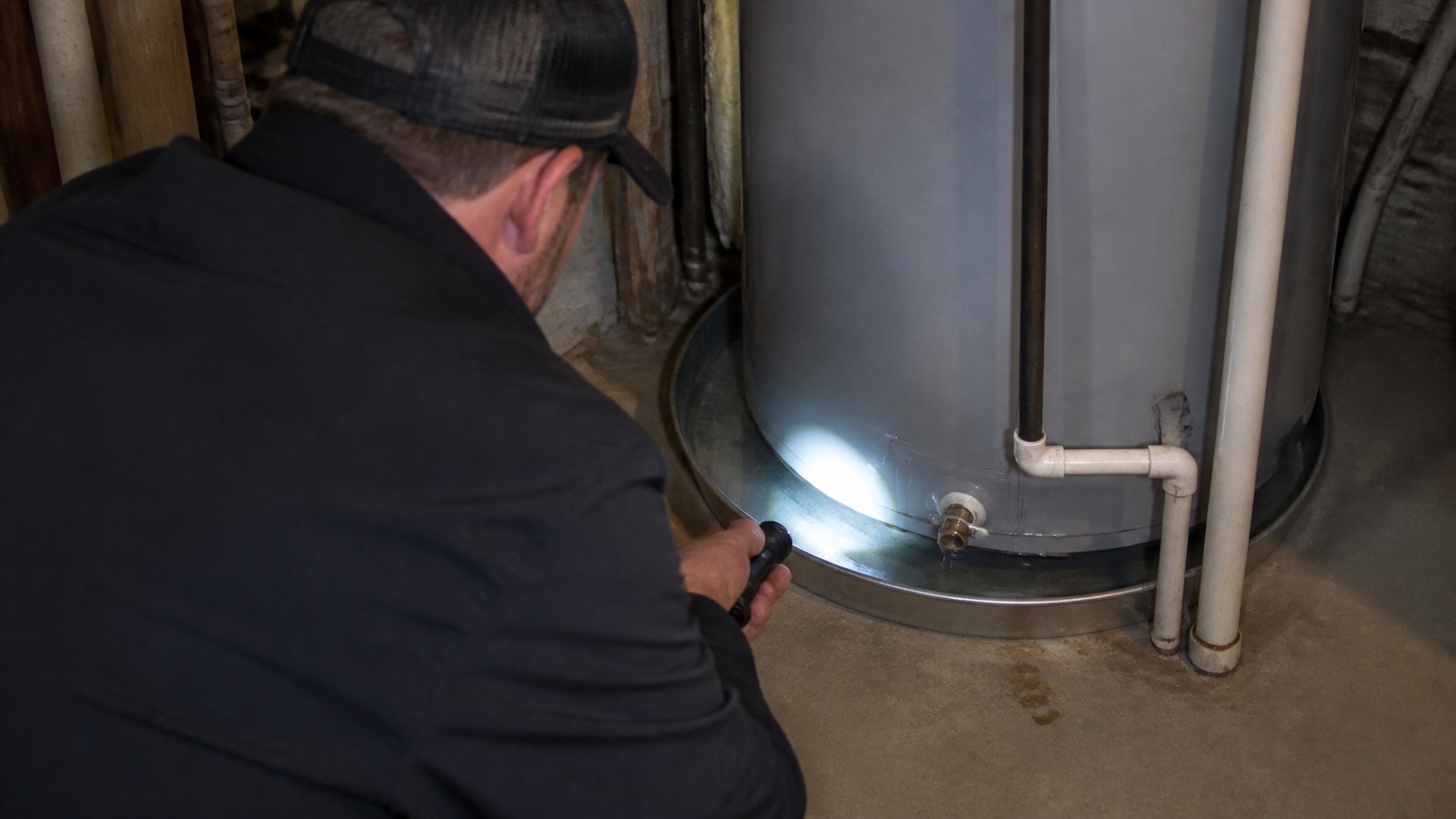 Technician inspecting the bottom of a leaking residential water heater with a flashlight.