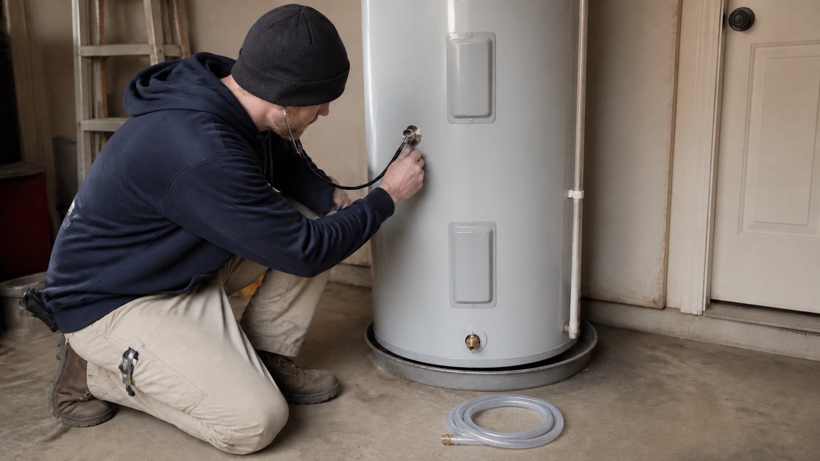 Technician listening to a tank water heater with a stethoscope while a drain hose sits ready.