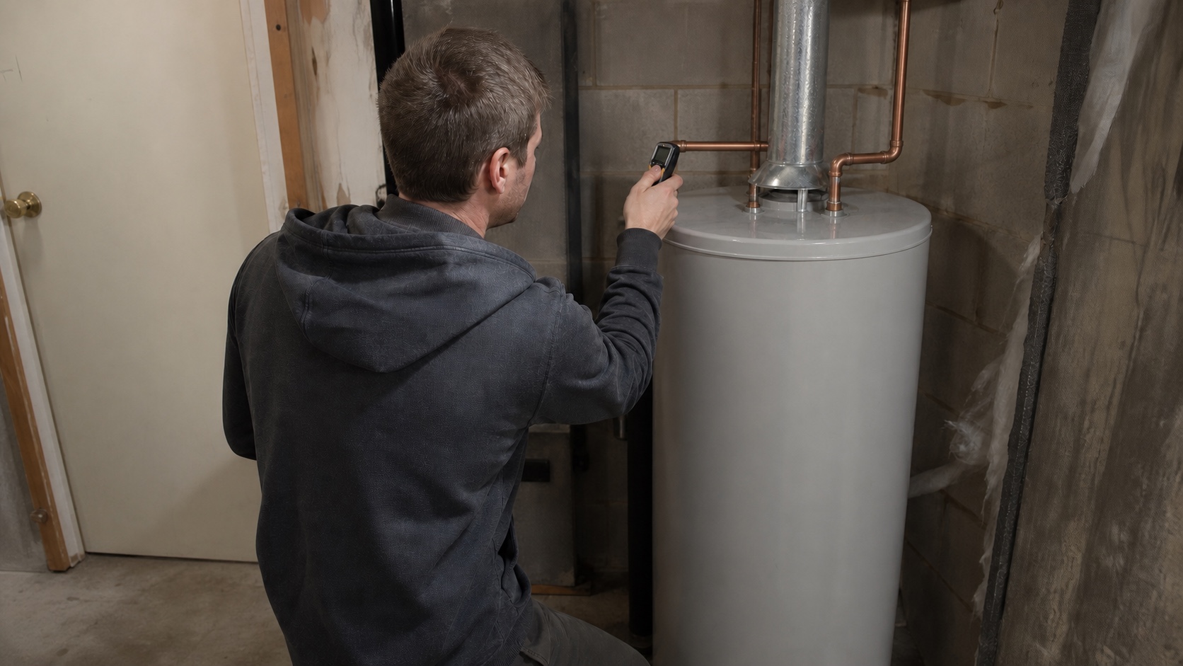Technician checking the temperature of a residential tank water heater.