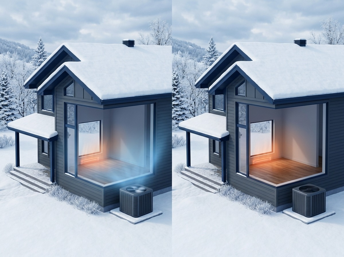 A visual-only system illustration contrasts normal heat-pump-plus-backup operation with backup-only emergency operation.