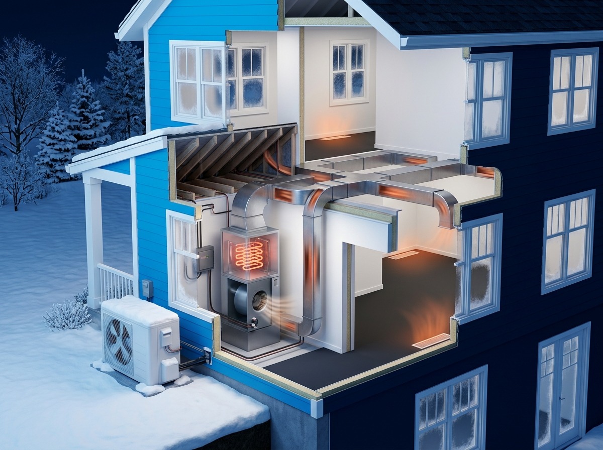 A text-free winter home cutaway shows a heat pump receiving modest supplemental indoor heat during a cold snap.