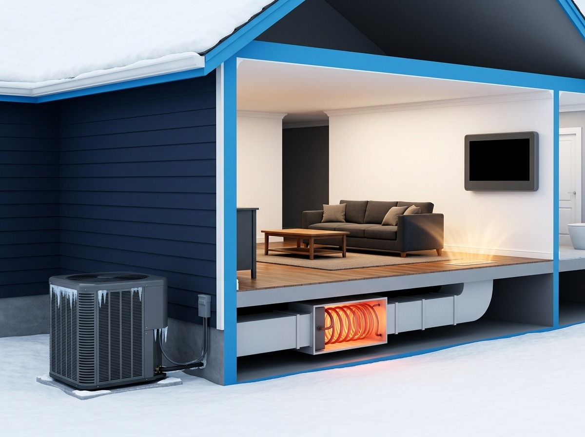 A warm occupied living room is visible beside an iced but intact outdoor unit at rest, conveying temporary backup heat while service is needed.