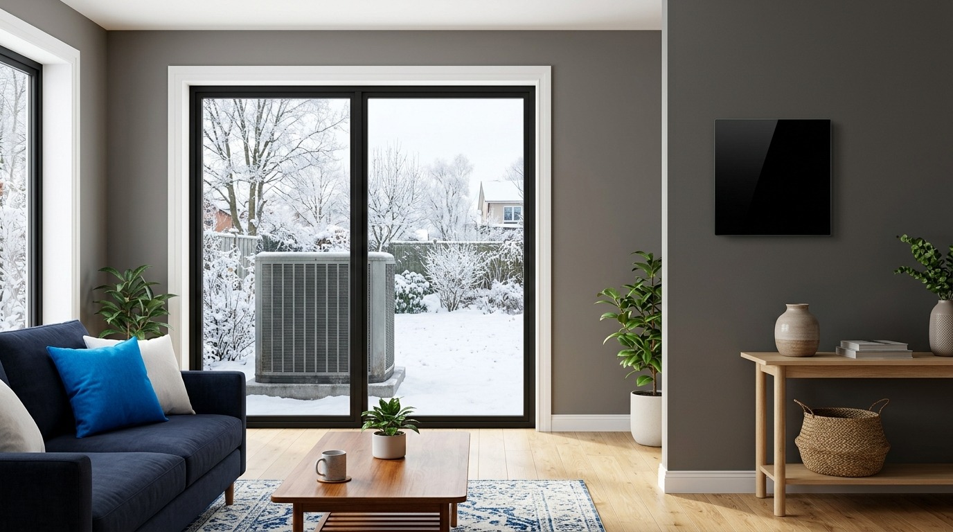 A modern but unreadable thermostat visually connects a warm interior with an outdoor heat pump in winter, introducing backup heating modes.
