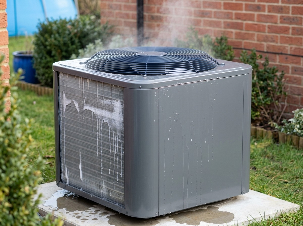 An outdoor heat pump undergoes a normal winter defrost with light frost receding, gentle water vapor, and meltwater beneath the unit.