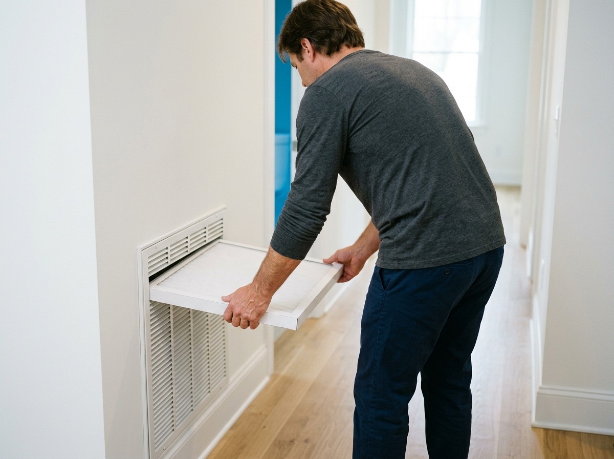 A homeowner safely replaces an accessible return-air filter from the room side while all HVAC equipment cabinets remain closed.