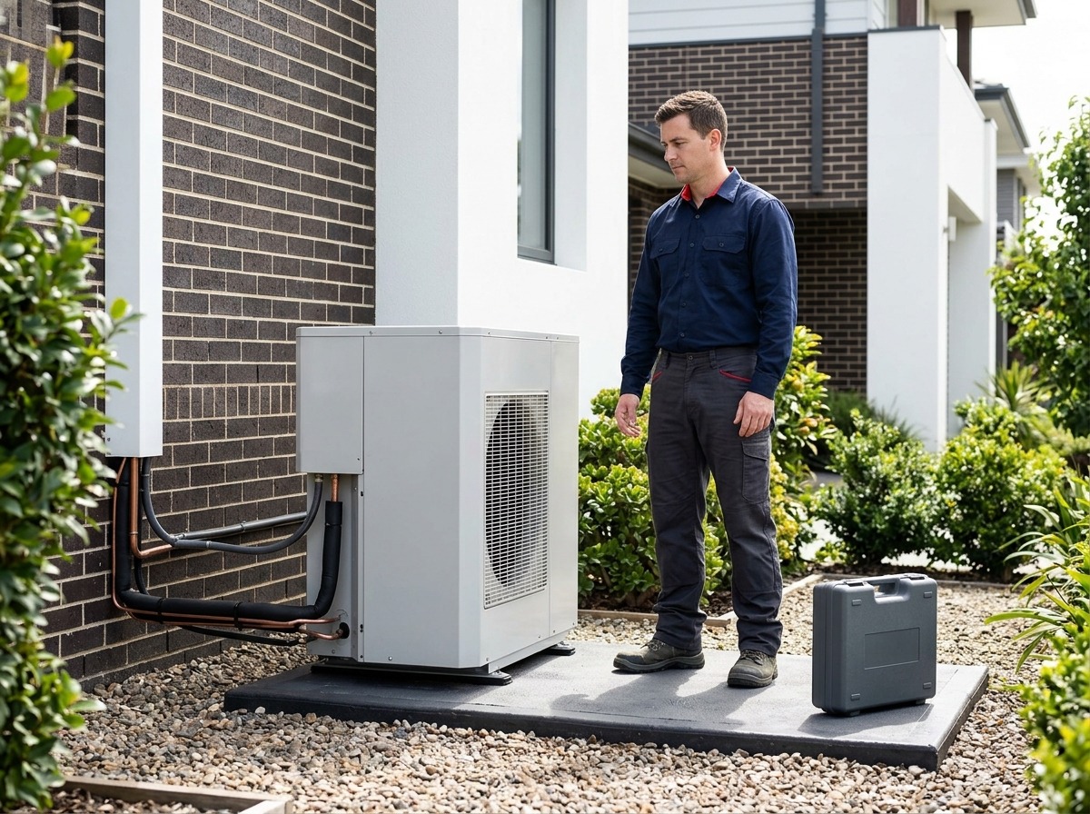 An unbranded HVAC technician evaluates an outdoor heat pump using professional instruments while electrical panels remain closed.