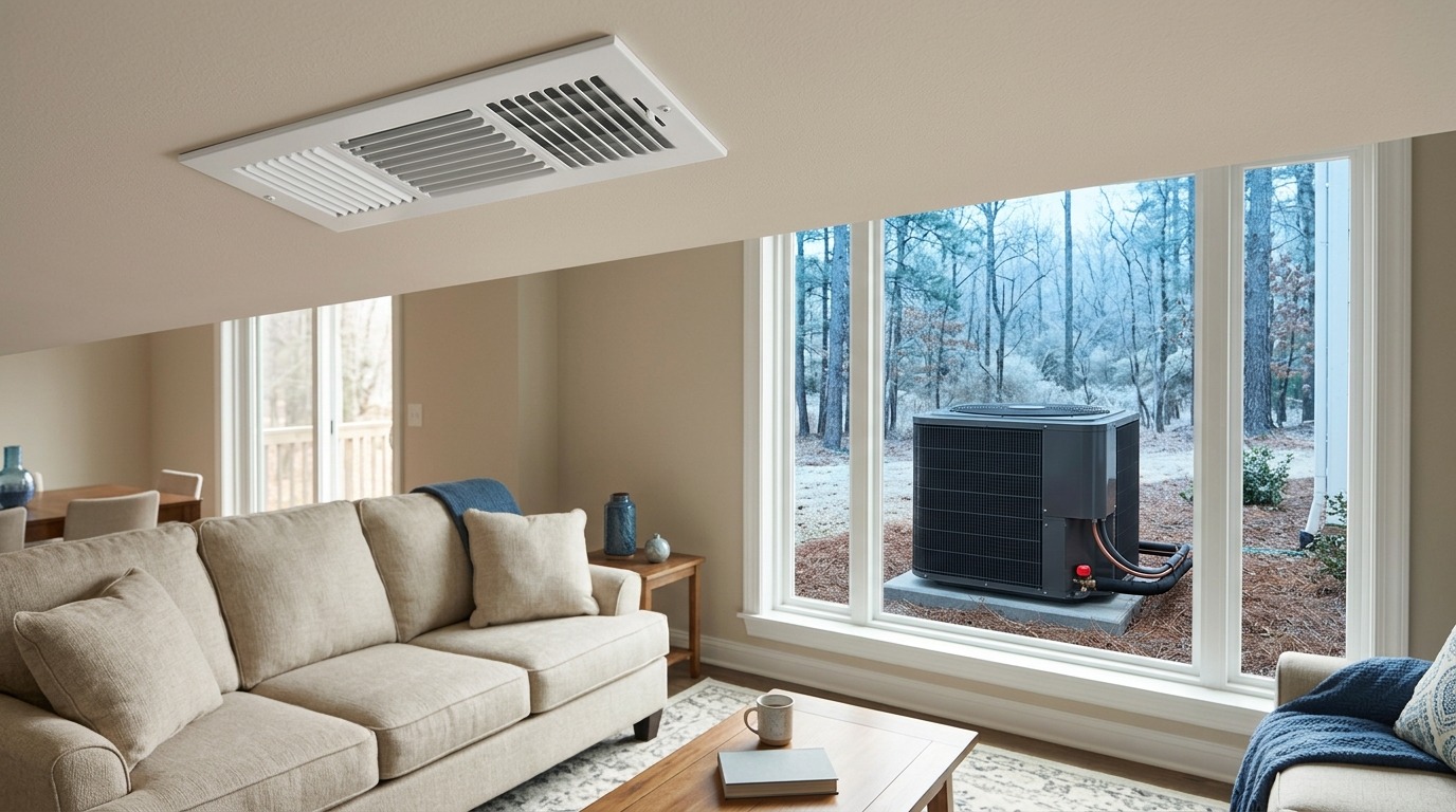 A comfortable home interior connects a ceiling supply register with an outdoor heat pump in cool winter light, conveying uncertain vent airflow.