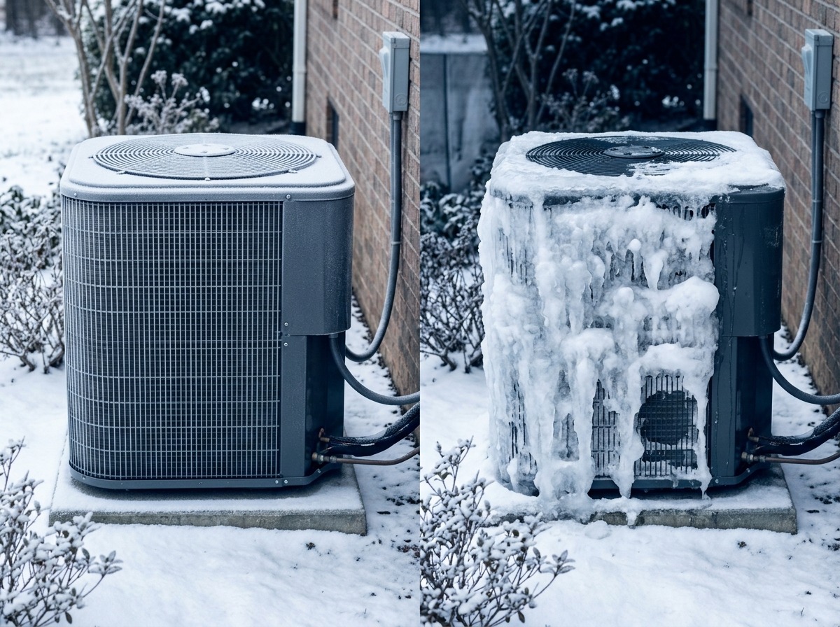 A text-free comparison places a lightly frosted heat pump beside a similar unit with abnormal heavy ice buildup.