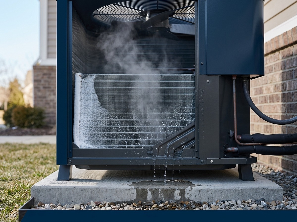 A close view captures a normal defrost event as frost recedes, gentle water vapor rises, and meltwater drains below the elevated unit.
