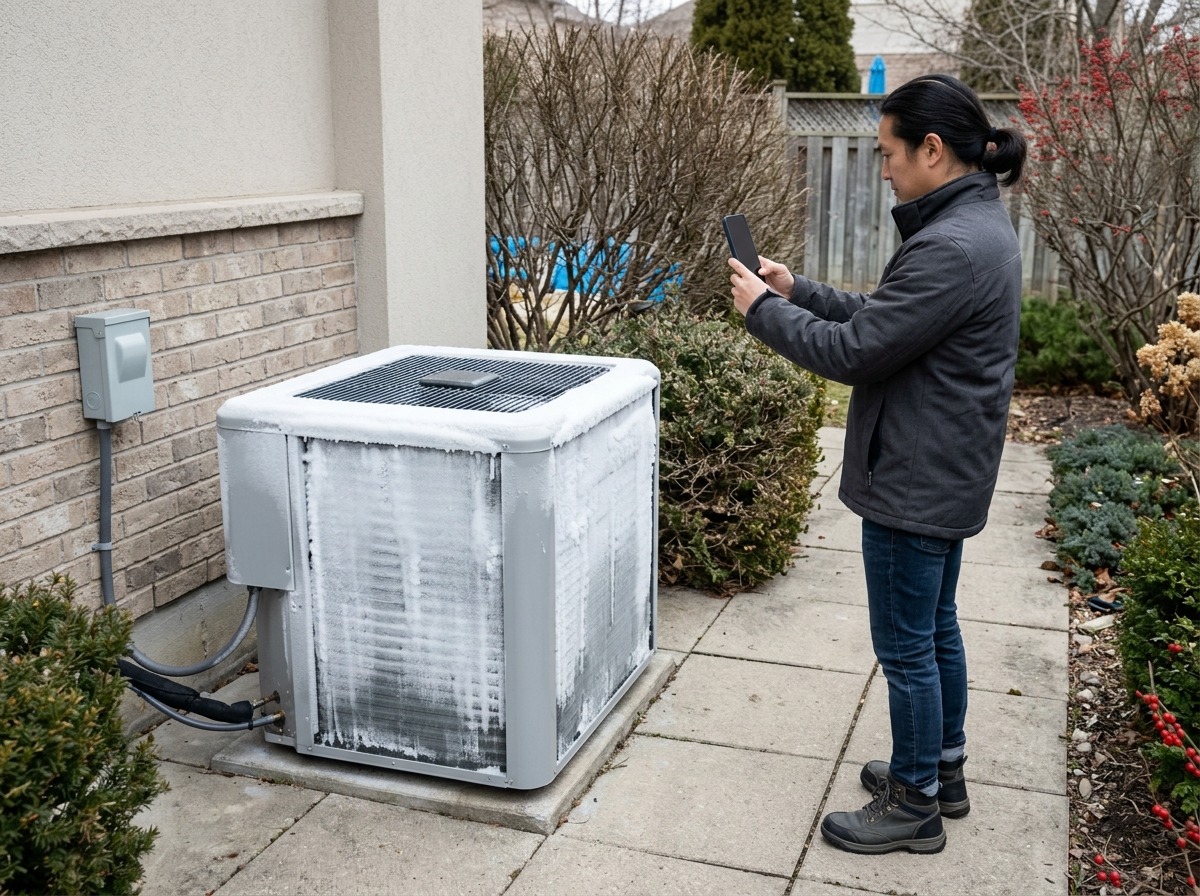 A homeowner records an iced outdoor unit from a dry, stable walkway while remaining clear of the fan, coil, and meltwater.