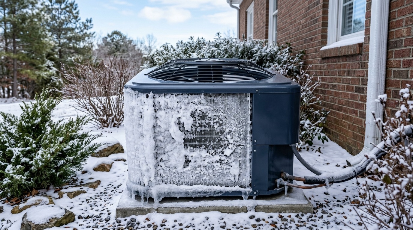 A residential heat pump stands in a Carolina winter yard with thick persistent ice on the coil and no one attempting unsafe removal.