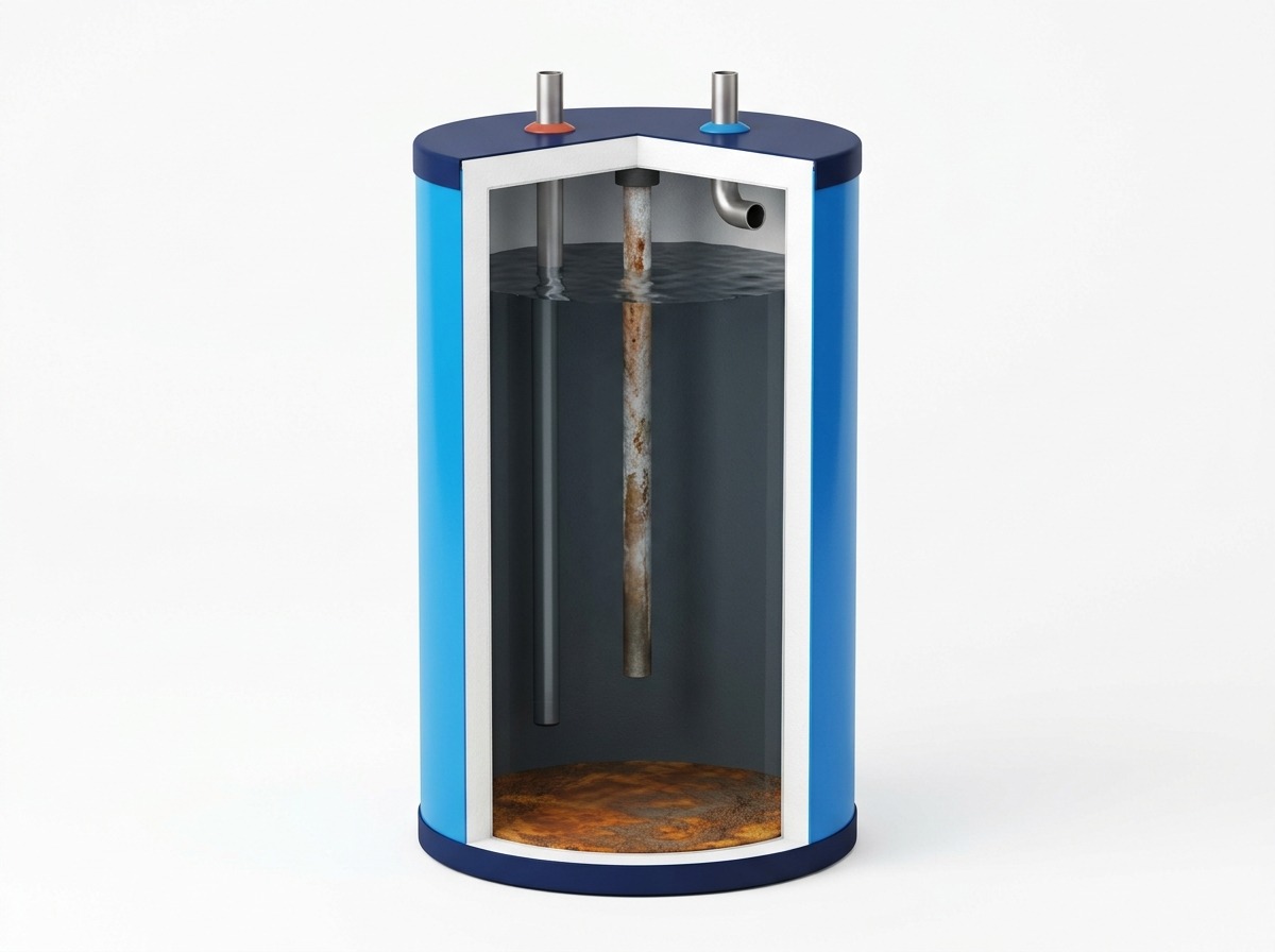 A realistic technical cutaway shows settled material at the tank bottom and a depleted sacrificial anode without depicting disassembly.