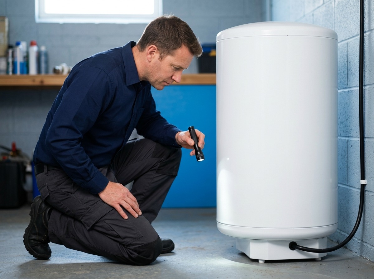 An unbranded technician uses a flashlight to inspect the exterior base and connections of a storage water heater before any repair decision.