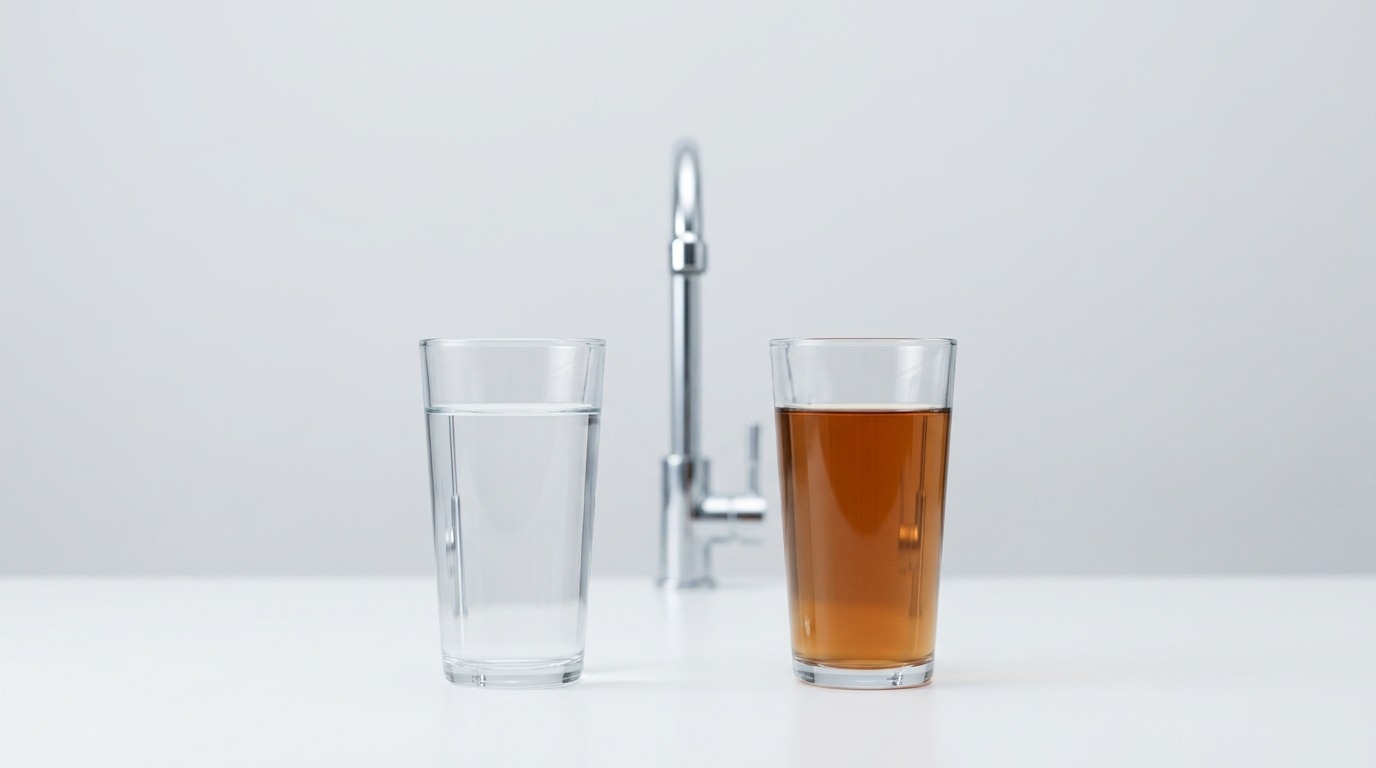 A clean still life compares one glass of clear water with one glass of rusty brown water beside a plain household faucet.