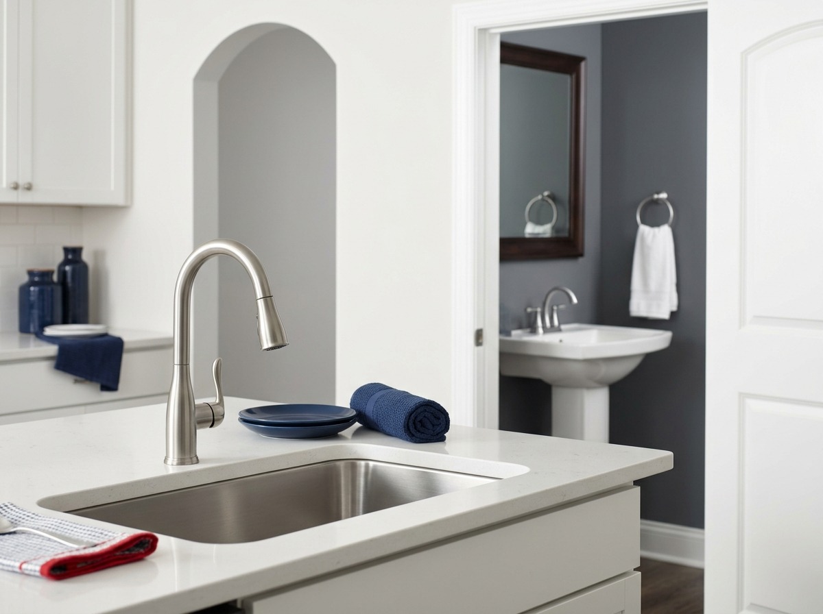 A believable home composition pairs kitchen and bathroom sinks to clarify how testing more than one fixture narrows a no-hot-water problem.