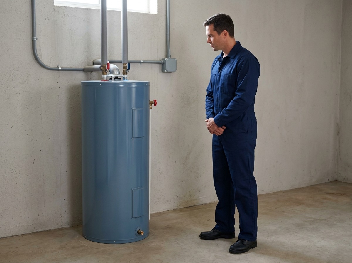 An unbranded technician performs an exterior-only visual check of a closed residential water heater without exposing electrical or combustion components.