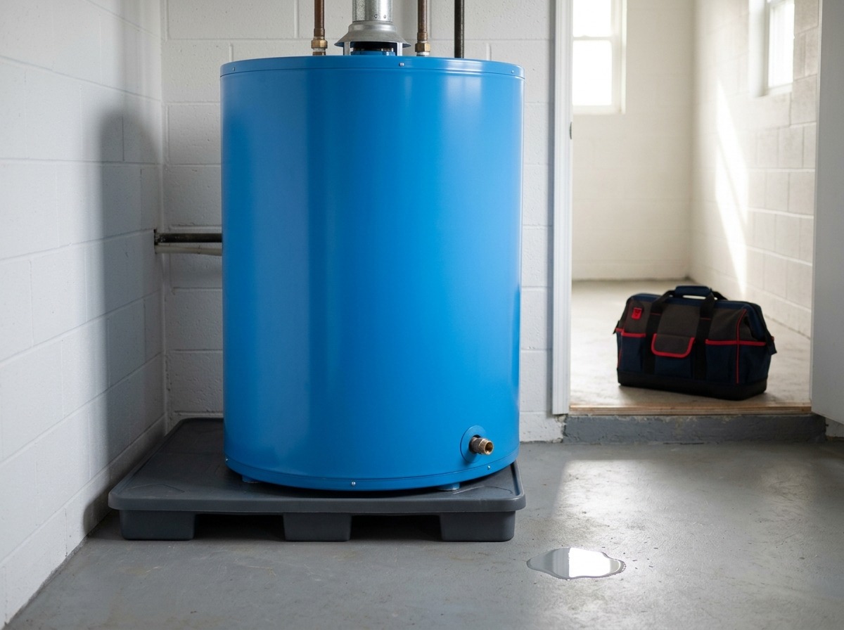 A restrained safety scene shows a closed water heater, a small puddle kept away from electrical parts, and a service bag that signals professional help.