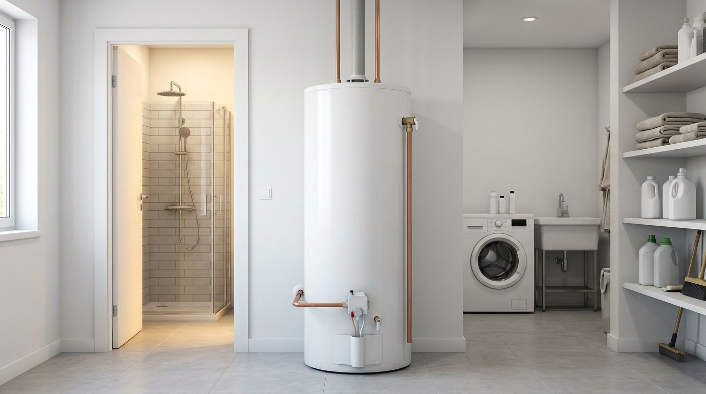A clean residential utility room centers on a tank water heater while an inactive shower in the adjoining space suggests a whole-home loss of hot water.