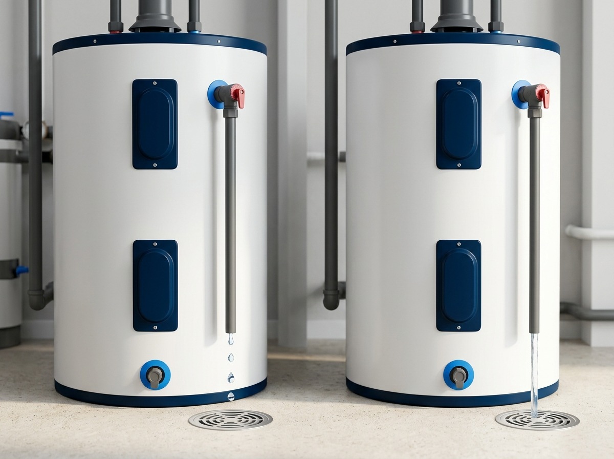 A visual comparison distinguishes sparse droplets from active discharge at two safe and unobstructed relief pipe terminations.